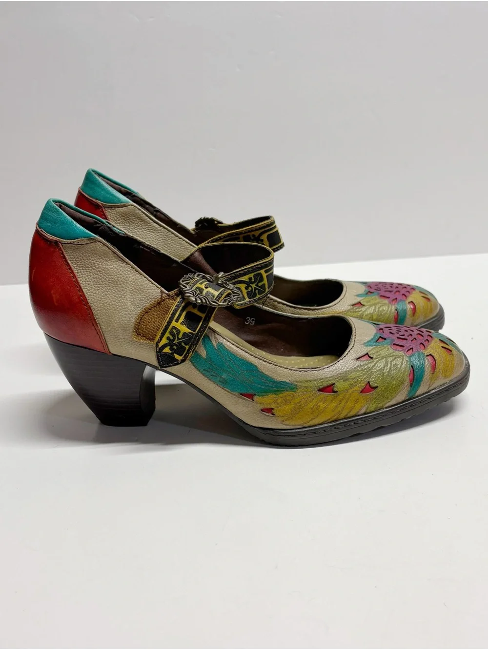 Floral Multicolor Mary Jane Heels in Teal, Pink & Red